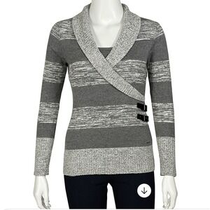 Guess Sweater Striped Shawl Collar Buckle Neutral Y2K Vintage Casual Gray Medium